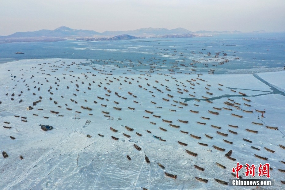 Spettacolare scena delle barche da pesca congelate nel porto di Dalian