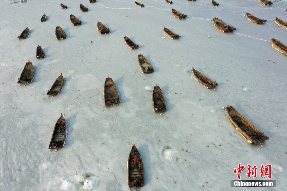 Spettacolare scena delle barche da pesca congelate nel porto di Dalian