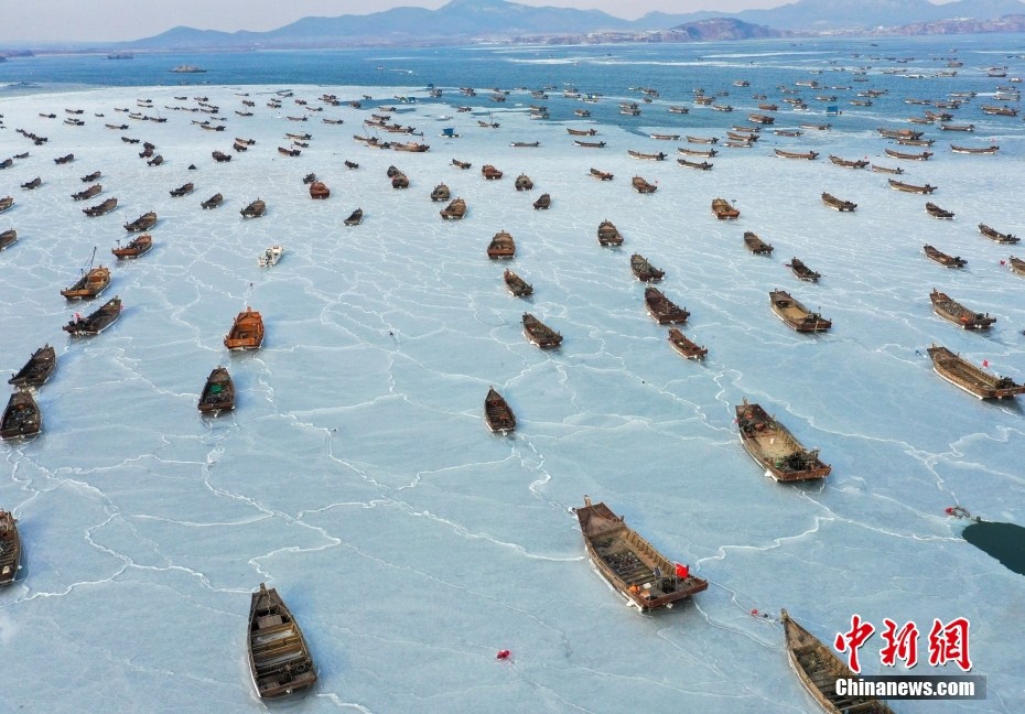Spettacolare scena delle barche da pesca congelate nel porto di Dalian