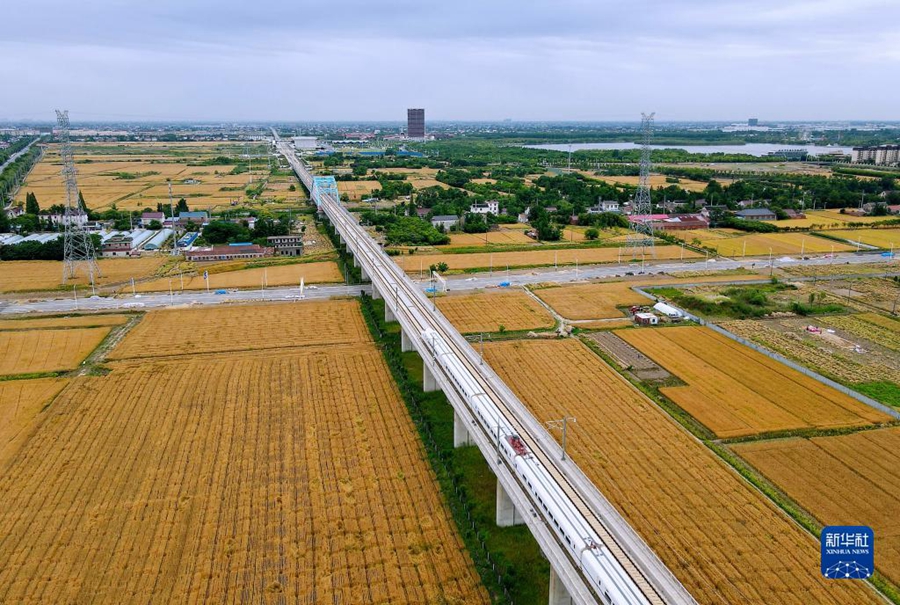 Vista aerea dei treni che attraversano campi dorati di grano a Rugao, nella provincia del Jiangsu, est della Cina. (24 maggio 2023 - Xinhua/Wu Shujian)