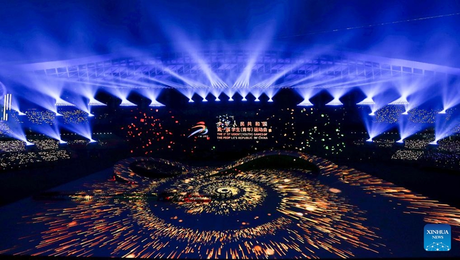 Vista della cerimonia di apertura dei primi Giochi Studenteschi (della Gioventù) della Cina a Nanning, nella regione autonoma del Guangxi Zhuang, nel sud della Cina. (5 novembre 2023 - Xinhua/Hu Xingyu)