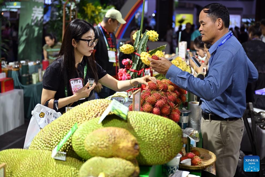 Visitatori selezionano frutti tropicali alla XXVI Fiera Internazionale Invernale dei Prodotti Agricoli Tropicali della Cina, a Haikou, Hainan. (14 dicembre 2023 - Xinhua/Guo Cheng)