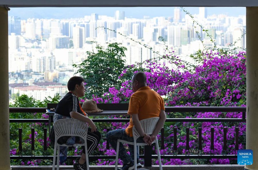 Turisti si prendono una pausa di fronte al panorama della città di Sanya. (15 dicembre 2023 - Xinhua/Yang Guanyu)