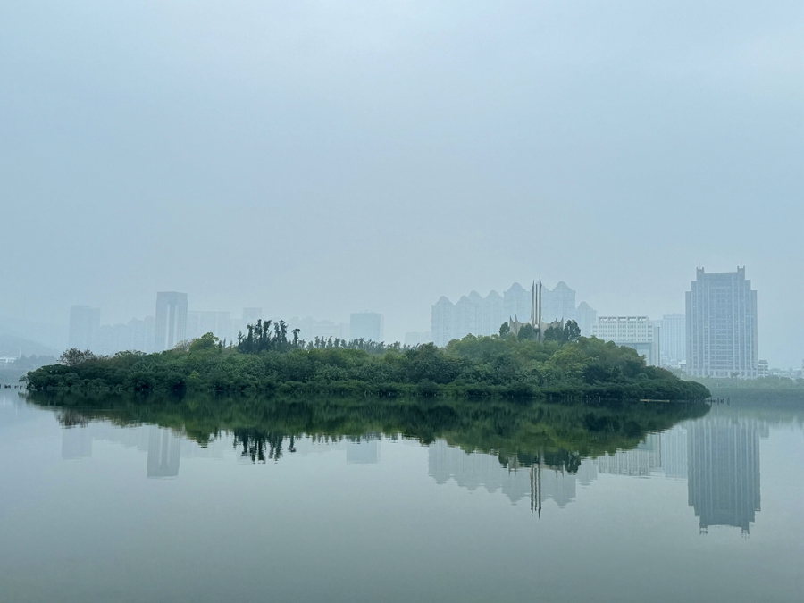 Il paesaggio da favola del lago Yundang avvolto dalla nebbia