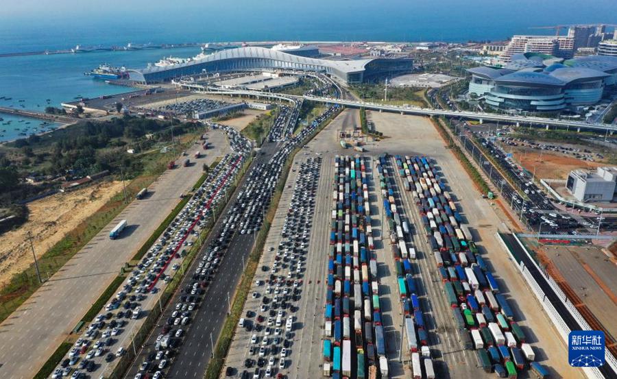 Un gran numero di veicoli in attesa per imbarcarsi presso il Nuovo Porto della città di Haikou. (17 febbraio 2024 – Xinhua/Guo Cheng)