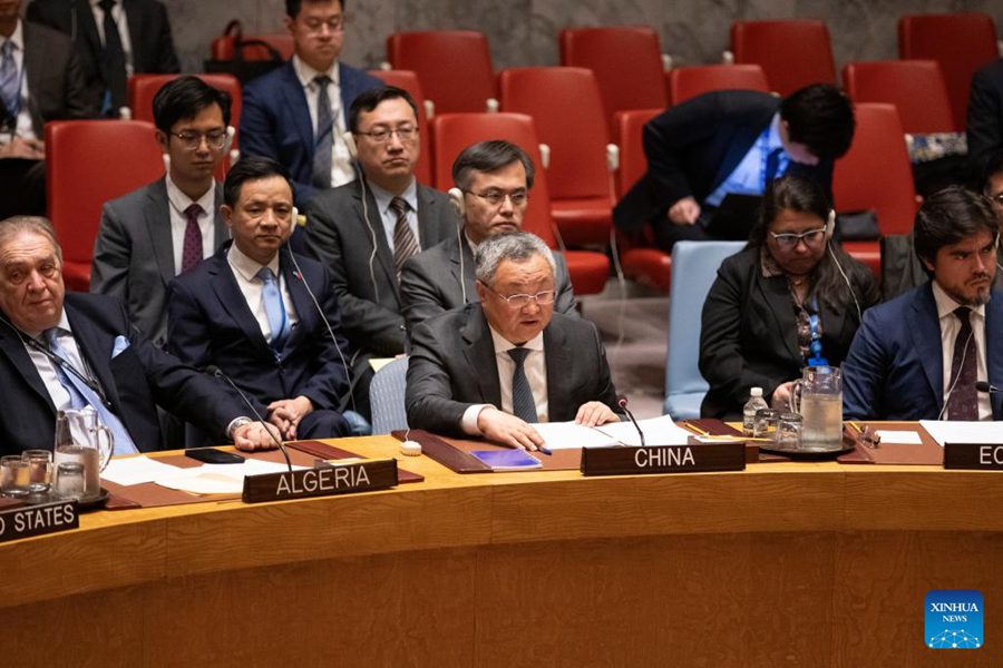 Fu Cong, rappresentante permanente della Cina presso le Nazioni Unite, interviene al dibattito aperto ad alto livello del Consiglio di Sicurezza delle Nazioni Unite sulla questione israelo-palestinese presso la sede delle Nazioni Unite a New York. (18 aprile 2024 - Xinhua/Xie E)