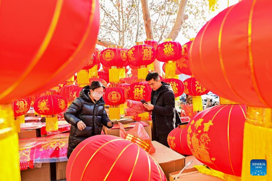 Clienti acquistano lanterne in un mercato a Qingzhou, nella provincia dello Shandong, est della Cina. (19 gennaio 2025 - Xinhua/Wang Jilin)