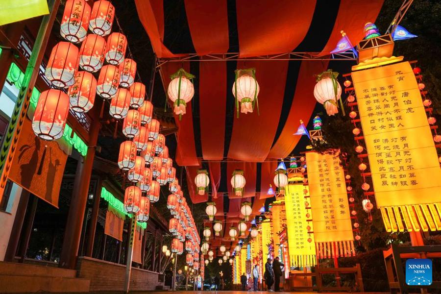 Decorazioni luminose esposte al Parco Bailuzhou durante il festival delle lanterne a Nanjing, nella provincia dello Jiangsu, est della Cina. (21 gennaio 2025 - Xinhua/Li Bo)