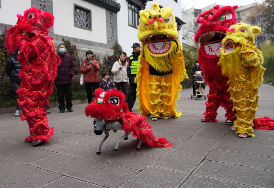 Un cane robot e alcuni attori eseguono la danza del leone durante una fiera del tempio per la Festa delle Lanterne nel distretto di Xihu a Hangzhou, nella provincia orientale cinese del Zhejiang. (11 febbraio 2025 - Xinhua/Han Chuanhao)