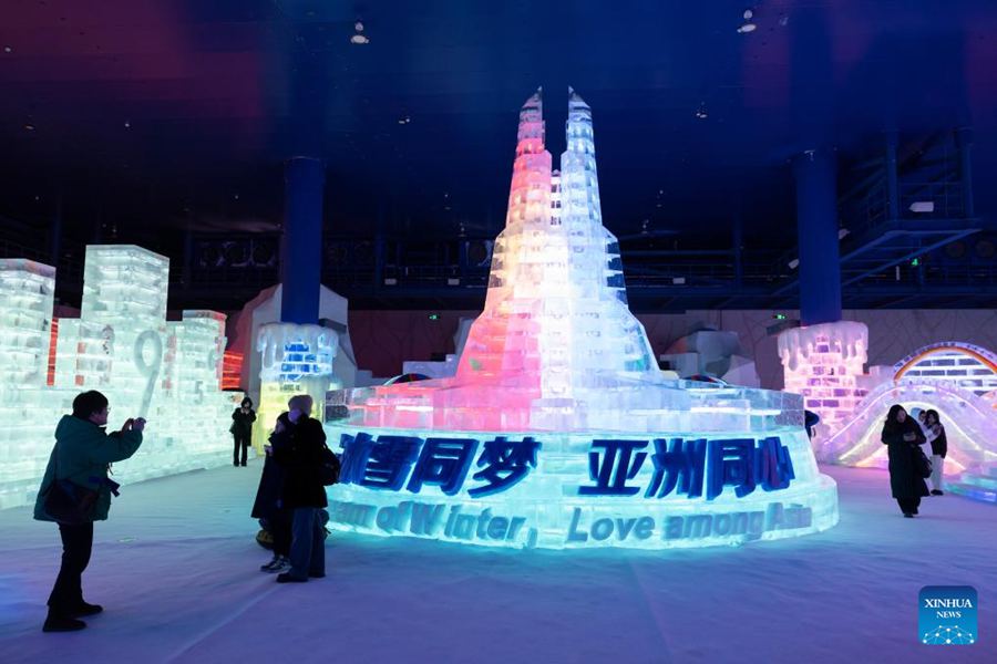 Turisti visitano il parco a tema di ghiaccio e neve al coperto all'interno dell'Harbin Ice-Snow World a Harbin, nella provincia dello Heilongjiang, nel nord-est della Cina. (27 febbraio 2025 - Xinhua/Zhang Tao)