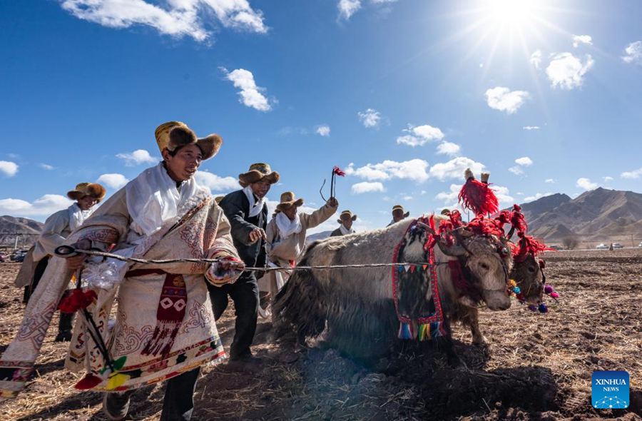 Agricoltori partecipano a una cerimonia che segna l'inizio della semina primaverile nella contea di Lhunzhub a Lhasa, nella regione autonoma dello Xizang, nel sud-ovest della Cina. (16 marzo 2025 – Xinhua/Tenzin Nyida)