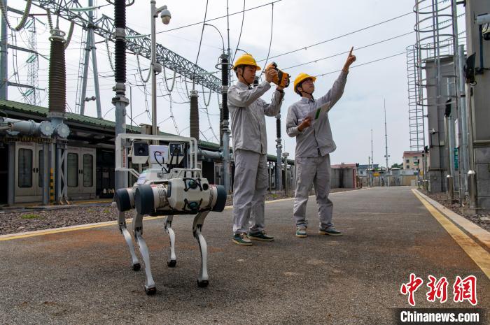 Operatori al lavoro insieme a un robot con intelligenza incarnata presso la sottostazione da 220kV di Huajin, nel distretto Jindong della città di Jinhua, provincia del Zhejiang. (Chinanewa/Hu Xiaofei)