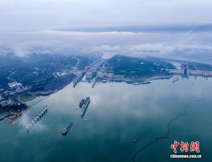 Navi transitano in ordine attraverso la chiusa di navigazione e l'ascensore per navi delle Tre Gole. (14 agosto 2025 - China News/Wang Gang)