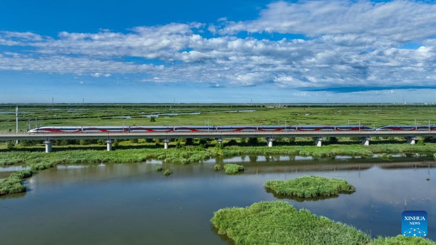 Un treno ad alta velocità in servizio lungo la linea ferrovia Harbin-Qiqihar. (17 agosto 2025 – Xinhua/Yuan Yong)