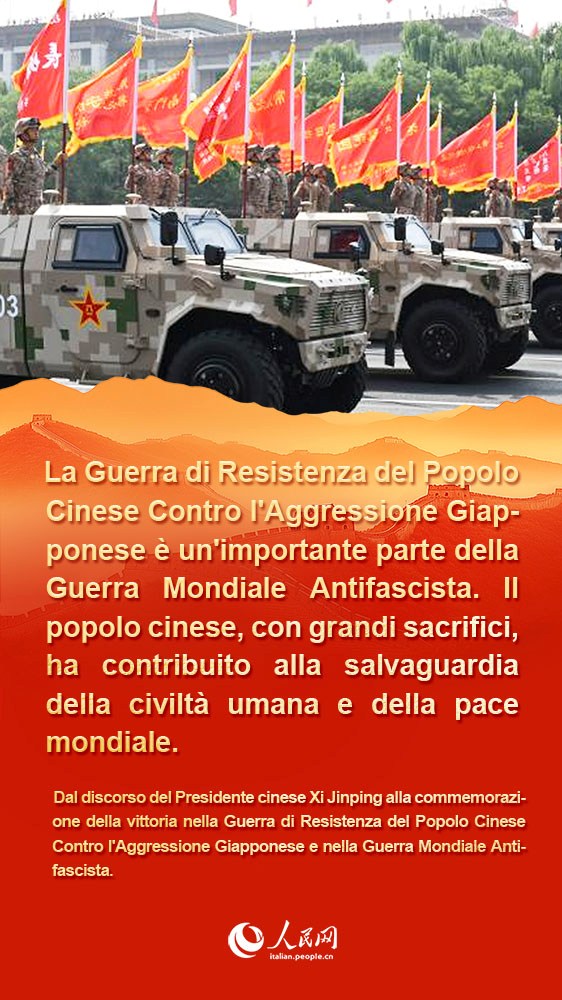 Poster: discorso di Xi Jinping alla commemorazione della vittoria nella Guerra di Resistenza del Popolo Cinese Contro l'Aggressione Giapponese e nella Guerra Mondiale Antifascista