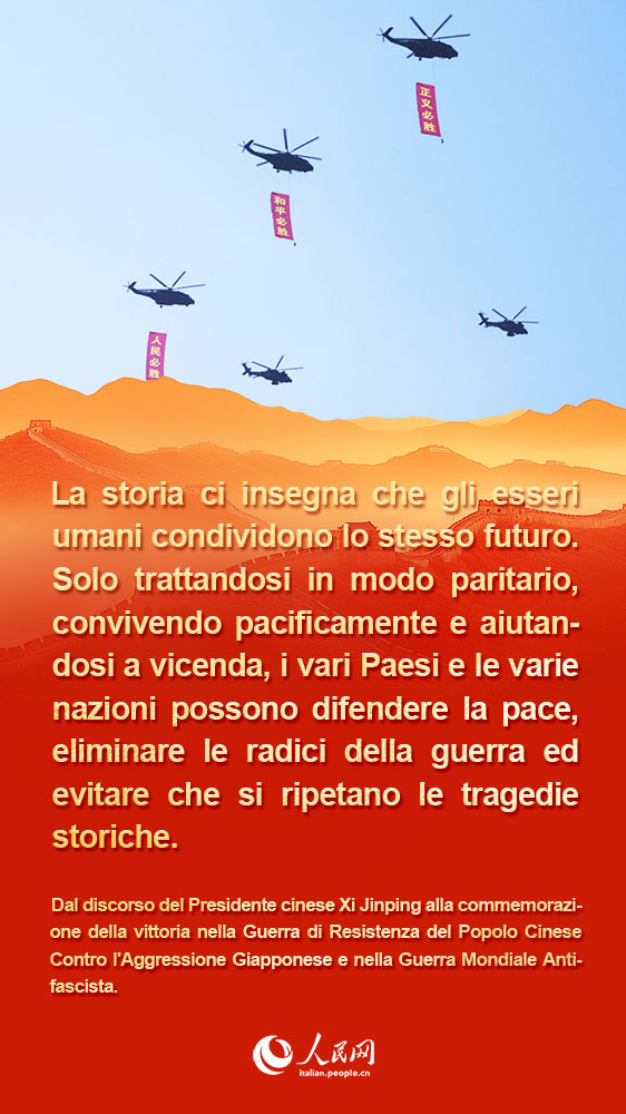 Poster: discorso di Xi Jinping alla commemorazione della vittoria nella Guerra di Resistenza del Popolo Cinese Contro l'Aggressione Giapponese e nella Guerra Mondiale Antifascista