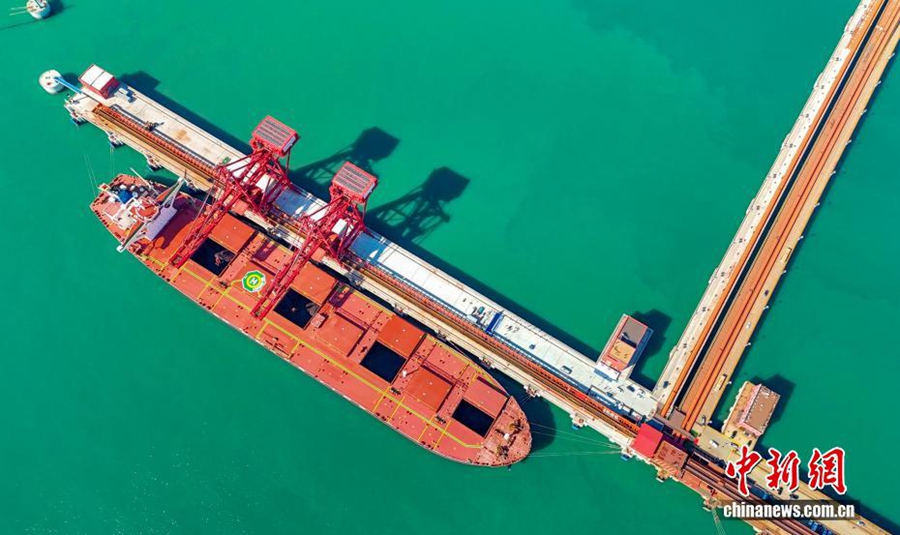 Una nave esegue operazioni di scarico al terminal. (China News/Zhang Jingang)