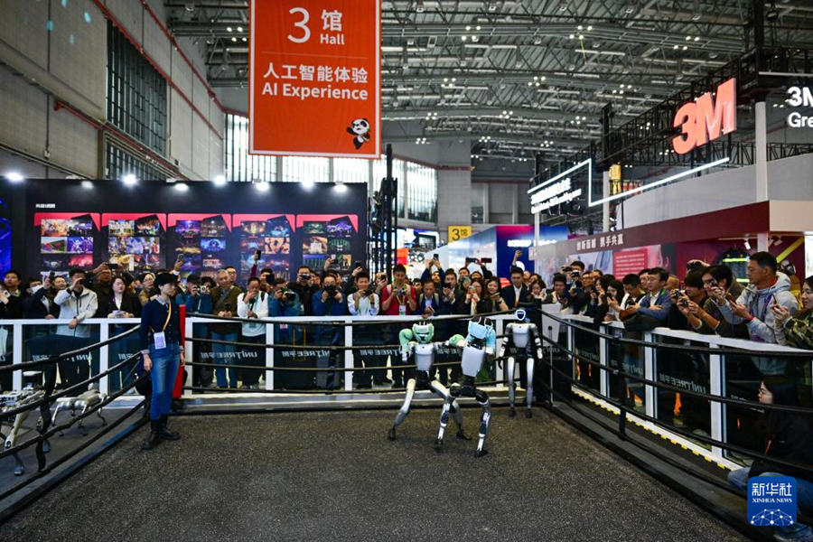 Robot umanoidi si esibiscono in combattimenti all'ottava CIIE