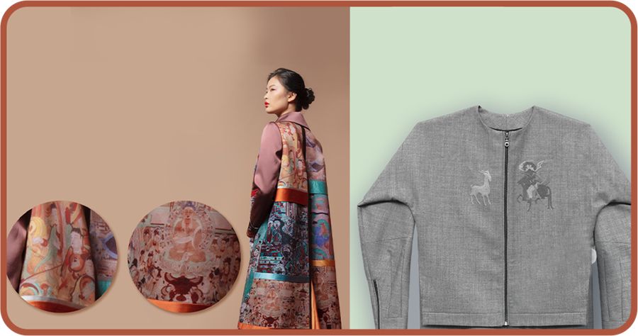 Capi d'abbigliamento con elementi Dunhuang disegnati da Liu Yuanfeng (a sinistra) e Li Yingjun (a destra).