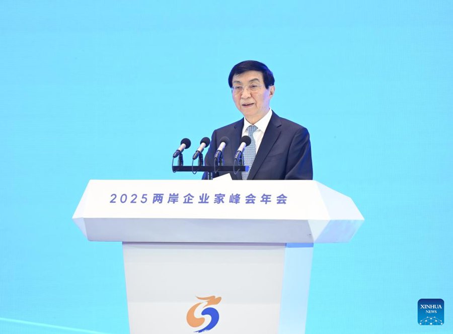 Wang Huning, membro del Comitato Permanente dell'Ufficio Politico del Comitato Centrale del Partito Comunista Cinese e presidente del Comitato Nazionale della Conferenza Consultiva Politica del Popolo Cinese, interviene alla cerimonia di apertura della conferenza annuale del Vertice 2025 dei CEO dello Stretto di Taiwan a Nanjing, nella provincia del Jiangsu, Cina orientale. (16 dicembre 2025 - Xinhua/Li Xiang)