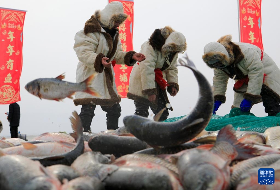 Stagione della pesca invernale al Lago Bosten, Xinjiang