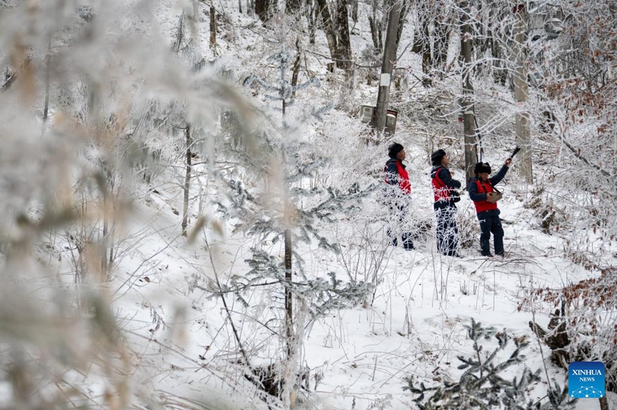 Personale addetto alla manutenzione della rete elettrica garantisce la stabilità della rete fra le forti gelate nello Hubei