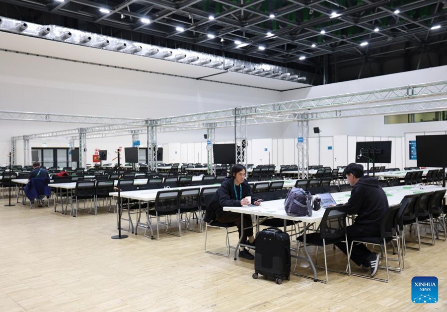 Vista della sala di lavoro dei media del Main Media Centre per i Giochi Olimpici Invernali Milano-Cortina 2026 a Milano, in Italia. (28 gennaio 2026 - Xinhua/Hu Xingyu)