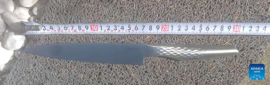 Il coltello portato da Kodai Murata, sottotenente ventitreenne delle Forze di Autodifesa Terrestri giapponesi che il 24 marzo 2026 ha fatto irruzione nell'Ambasciata cinese in Giappone. (Ambasciata cinese in Giappone/via Xinhua)