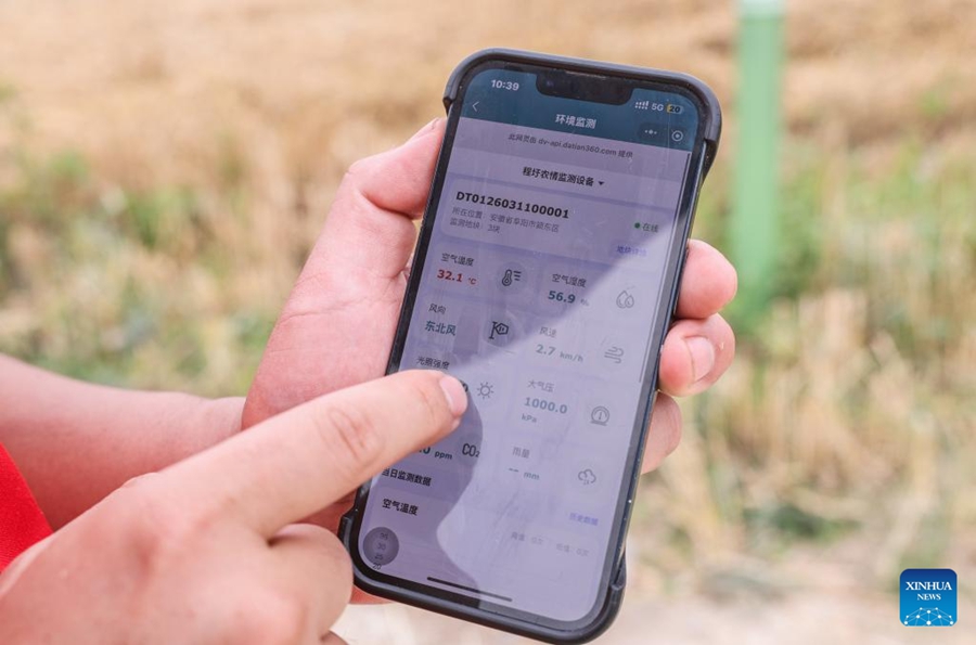 Dispositivi intelligenti impiegati durante la stagione di raccolta del grano nell'Anhui